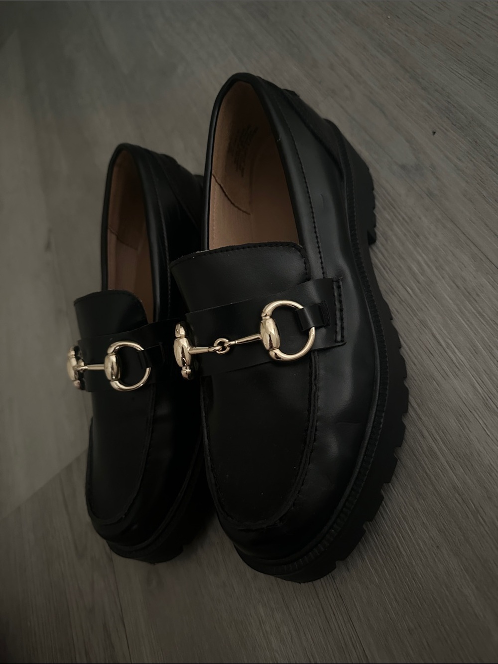 H&M Black Leather-Loook Loafers with Gold Horsebit